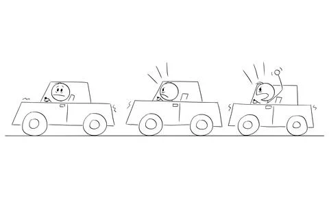 Angry Car Drivers in Traffic Jam or Congestion, Vector Cartoon Stick Figure Stock Illustration