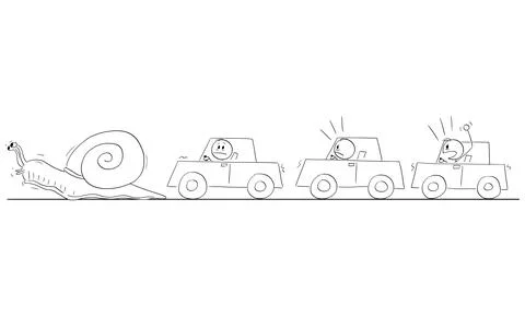 Angry Car Drivers in Traffic Jam or Congestion Behind Slow Snail, Vector Cartoon Stock Illustration