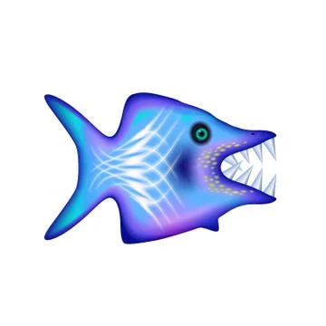 Angry cartoon fish with big teeth. Blue funny isolated character Stock Illustration
