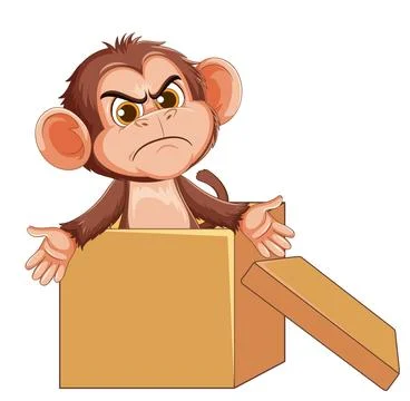 Angry Cartoon Monkey Sitting in Open Cardboard Box Stock Illustration