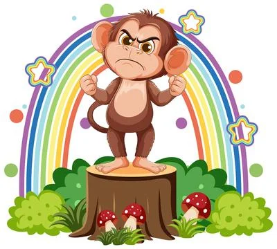 Angry Cartoon Monkey Standing on Tree Stump with Rainbow Stockillustratie