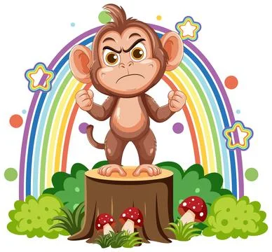 Angry Cartoon Monkey Standing on Tree Stump with Rainbow Illustrazione stock