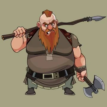 Angry cartoon red man with a beard with a spear and an ax in his hands Stock Illustration
