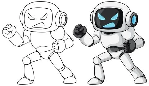 Angry Cartoon Robot in Fighting Pose, Color and Outline Stock Illustration