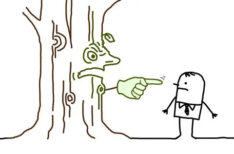 Angry Cartoon Tree Trunk Pointing Finger on a Businessman Stock Illustration