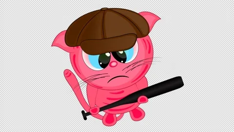 Angry cat with a baseball bat. Cat threatens with a baseball bat. Blank back Stock Footage 148139543