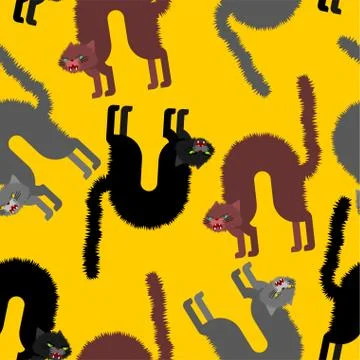 Angry cat pattern seamless. Attacker pet background. Animal vector texture Stock Illustration