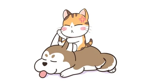 Angry Cat Pulling Dog's Ear Animation - White Background Stock Footage 282782746