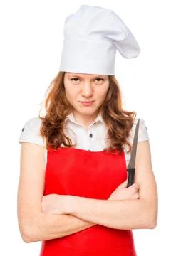 Angry chef with a sharp knife on a white background Stock Photos