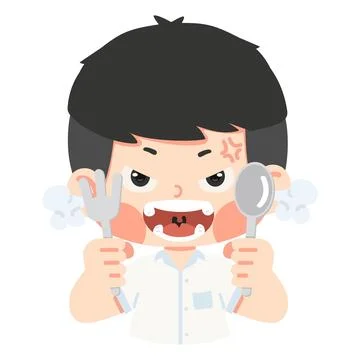 Angry Child Holding Fork And Spoon At Mealtime Stock Illustration