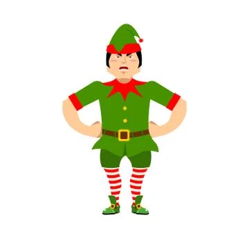 Angry Christmas elf. Aggressive assistant of Santa Claus. Grumpy little man.. Stock Illustration