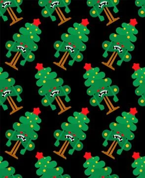 Angry Christmas tree pattern seamless. Crazy Xmas and New Year vector backgro Illustrazione stock