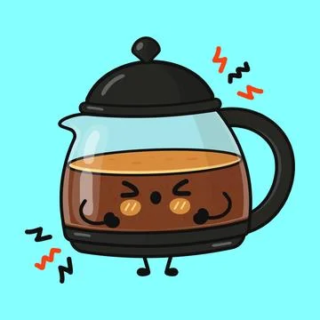 Angry coffee pot character getting energy from caffeine Illustrazione stock