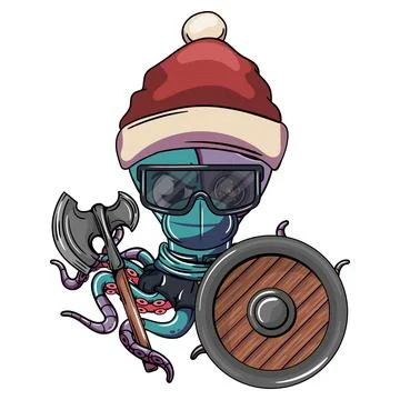 Angry comic cartoon cyborg octopus at Christmas with Santa Claus hat, glass.. Stock Illustration