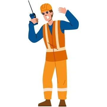 Angry construction worker wearing an orange safety vest and hardhat shouts in Ilustración de archivo
