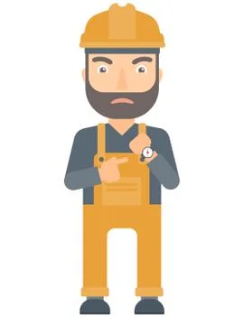 Angry constructor pointing at wrist watch Stock Illustration