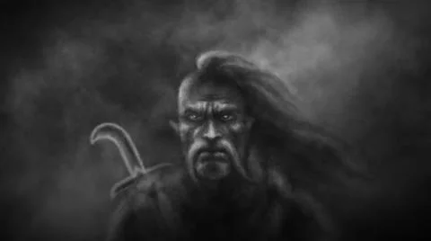 Angry Cossack on background of stormy sky. 2D illustration in dark fantasy ge Stock Illustration