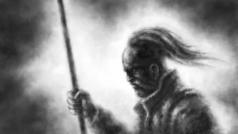 Angry cossack standing with spear. 2D illustration in dark fantasy genre. Anc Stock Illustration