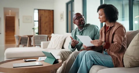 Angry, couple and argue with document in home for finance error, payment fail Stock Footage 336263609