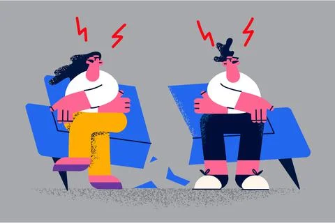 Angry couple sit on broken couch have fight Stock Illustration