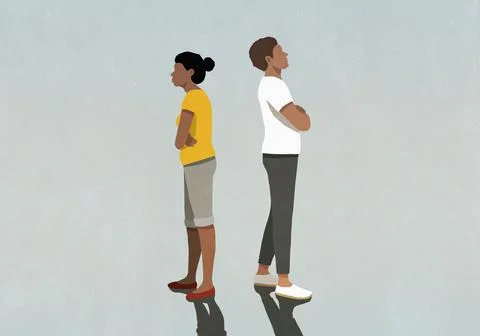 Angry couple standing back to back with arms crossed イラスト素材