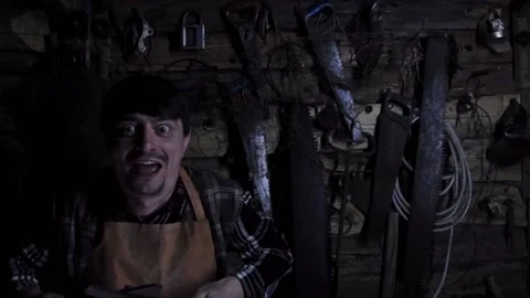 Angry crazy maniac with rusty sicator in an old house. copy space Stock Footage 137133971