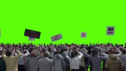 Angry crowd protesting AI , anti-AI concept. Green screen isolate Video stock 336346195