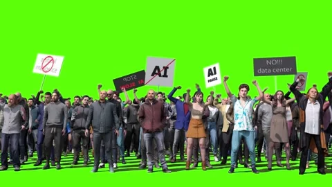 Angry crowd protesting AI , anti-AI concept. Green screen isolate Stock Footage 336346200
