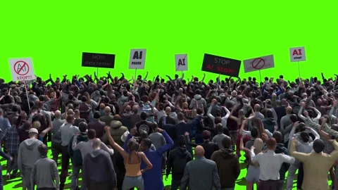 Angry crowd protesting AI , anti-AI concept. Green screen isolate Stock Footage 336346202