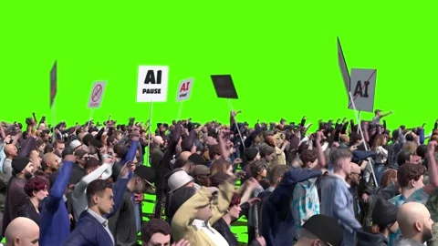 Angry crowd protesting AI , anti-AI concept. Green screen isolate Stock Footage 336346203