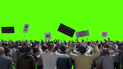Angry crowd protesting AI , anti-AI concept. Green screen isolate Stock Footage 336346212