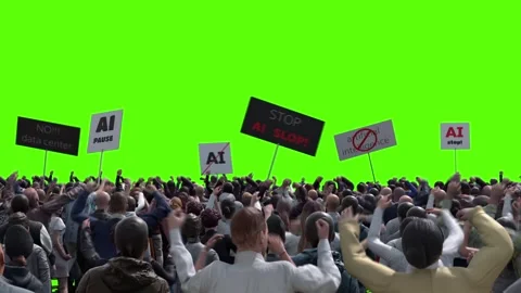 Angry crowd protesting AI , anti-AI concept. Green screen isolate Stock Footage 336346213