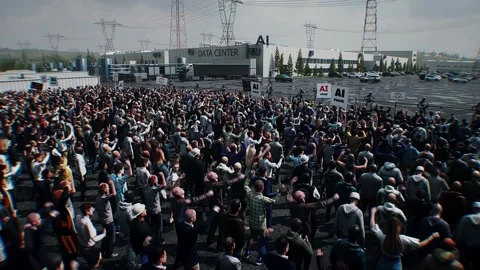 Angry crowd protesting AI near a data center,Robot carrying weapon, anti-AI 库存影片 336346085