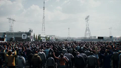 Angry crowd protesting AI near a data center,Robot carrying weapon, anti-AI Stock Footage 336346086