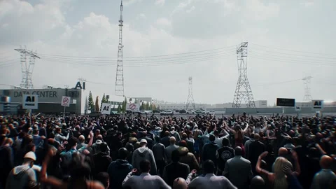 Angry crowd protesting AI near a data center,Robot carrying weapon, anti-AI Stock Footage 336346087