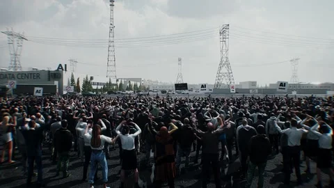 Angry crowd protesting AI near a data center,Robot carrying weapon, anti-AI Stock Footage 336346089