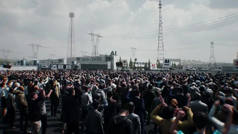 Angry crowd protesting AI near a data center,Robot carrying weapon, anti-AI Stock Footage 336346092