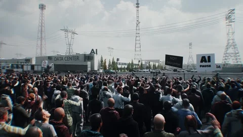 Angry crowd protesting AI near a data center,Robot carrying weapon, anti-AI Stock Footage 336346102
