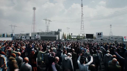 Angry crowd protesting AI near a data center,Robot carrying weapon, anti-AI Stock Footage 336346104