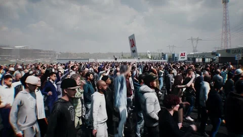 Angry crowd protesting AI near a data center,Robot carrying weapon, anti-AI Stock Footage 336346110