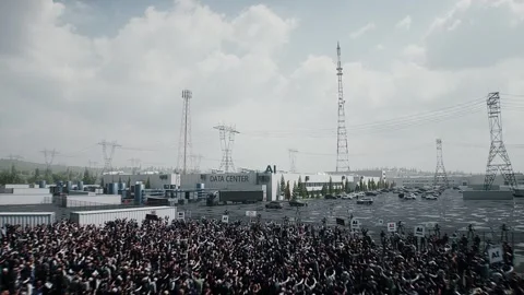 Angry crowd protesting AI near a data center,Robot carrying weapon, anti-AI Stock Footage 336346125