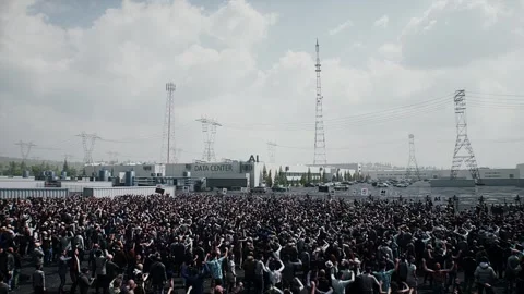 Angry crowd protesting AI near a data center,Robot carrying weapon, anti-AI Stock Footage 336346129