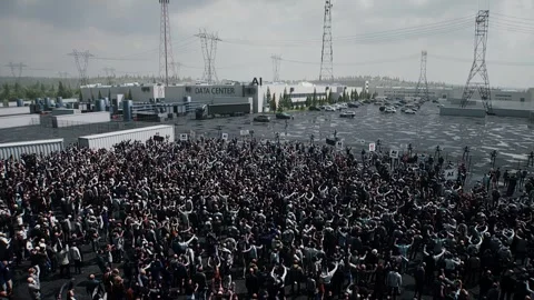 Angry crowd protesting AI near a data center,Robot carrying weapon, anti-AI Stock Footage 336346133
