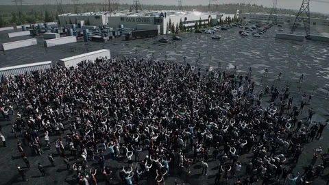 Angry crowd protesting AI near a data center,Robot carrying weapon, anti-AI Stock Footage 336346149