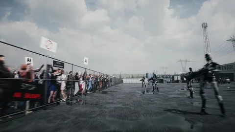 Angry crowd protesting AI near a data center,Robot carrying weapon, anti-AI Stock Footage 336346155