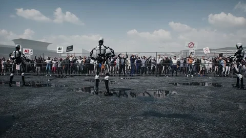 Angry crowd protesting AI near a data center,Robot carrying weapon, anti-AI Stock Footage 336346156