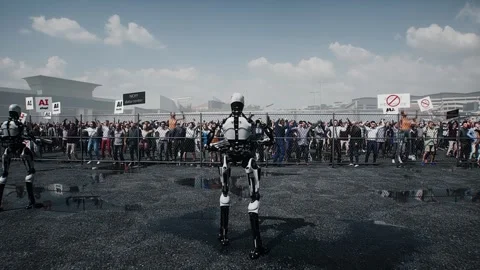 Angry crowd protesting AI near a data center,Robot carrying weapon, anti-AI Stock Footage 336346159