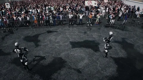 Angry crowd protesting AI near a data center,Robot carrying weapon, anti-AI Stock Footage 336346170