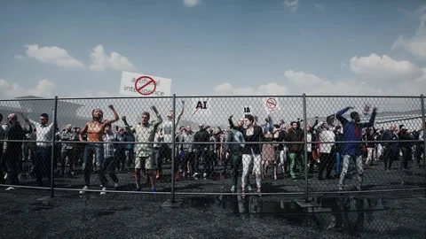 Angry crowd protesting AI near a data center,Robot carrying weapon, anti-AI Stock Footage 336346173