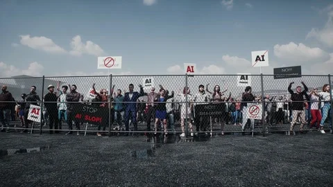 Angry crowd protesting AI near a data center,Robot carrying weapon, anti-AI Stock Footage 336346175